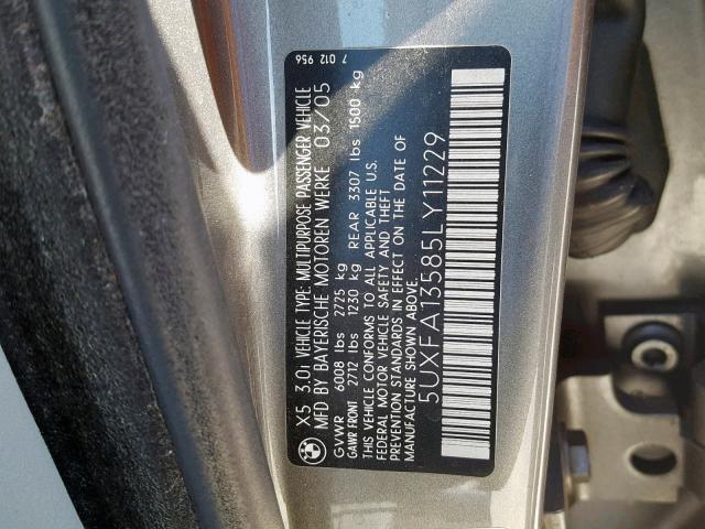 5UXFA13585LY11229 - 2005 BMW X5 3.0I GRAY photo 10