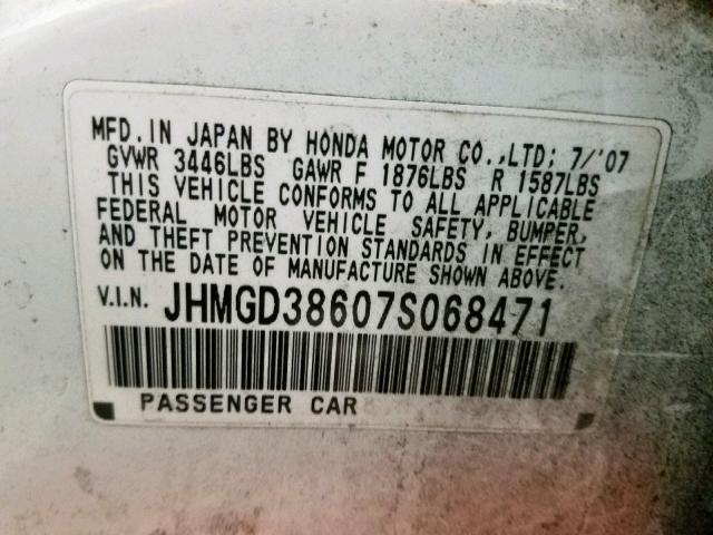 JHMGD38607S068471 - 2007 HONDA FIT S 白色 照片 10