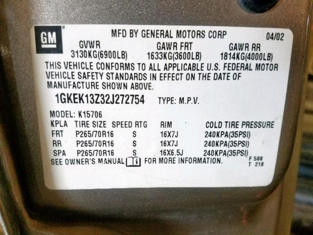 1GKEK13Z32J272754 - 2002 GMC YUKON SILVER photo 10