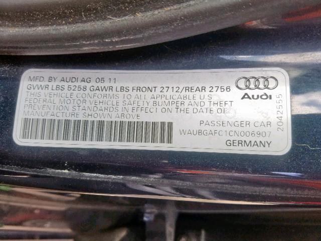 WAUBGAFC1CN006907 - 2012 AUDI A6 GRAY photo 10