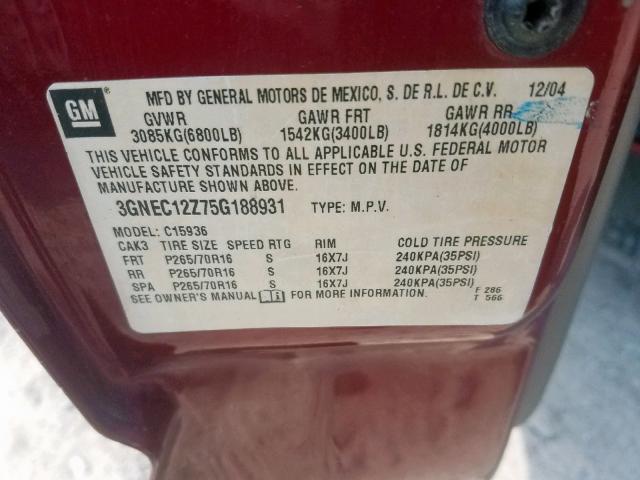 3GNEC12Z75G188931 - 2005 CHEVROLET AVALANCHE RED photo 10