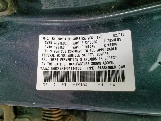 1HGCR2F84DA134006 - 2013 HONDA ACCORD EXL GRAY photo 10