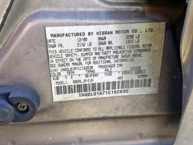 1N4DL01A71C162830 - 2001 NISSAN ALTIMA GXE GRAY photo 10