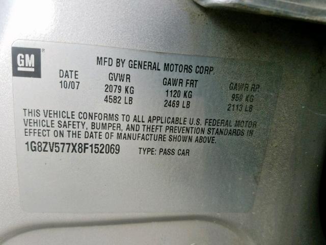 1G8ZV577X8F152069 - 2008 SATURN AURA XR SILVER photo 10