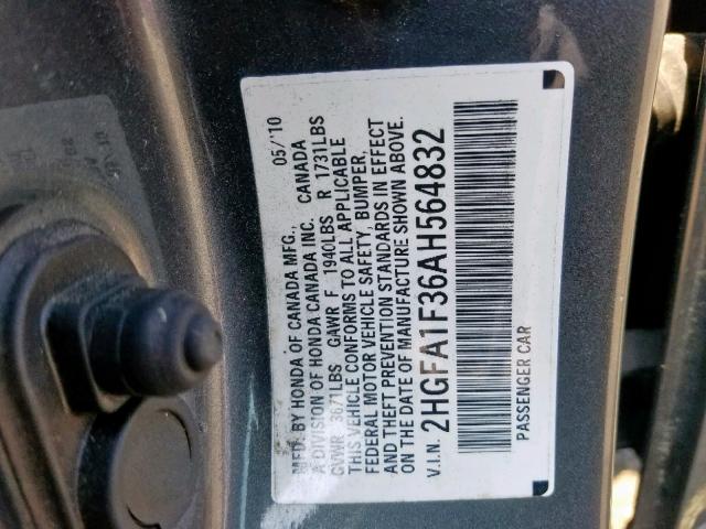 2HGFA1F36AH564832 - 2010 HONDA CIVIC VP GRAY photo 10