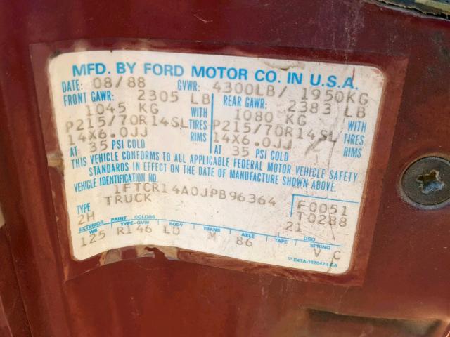 1FTCR14A0JPB96364 - 1988 FORD RANGER SUP RED photo 10