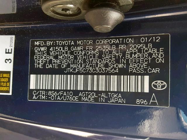 JTKJF5C73C3037564 - 2012 TOYOTA SCION TC ლურჯი ფოტო 10