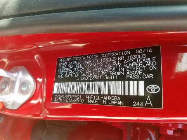 JTDKDTB35G1136411 - 2016 TOYOTA PRIUS C RED photo 10