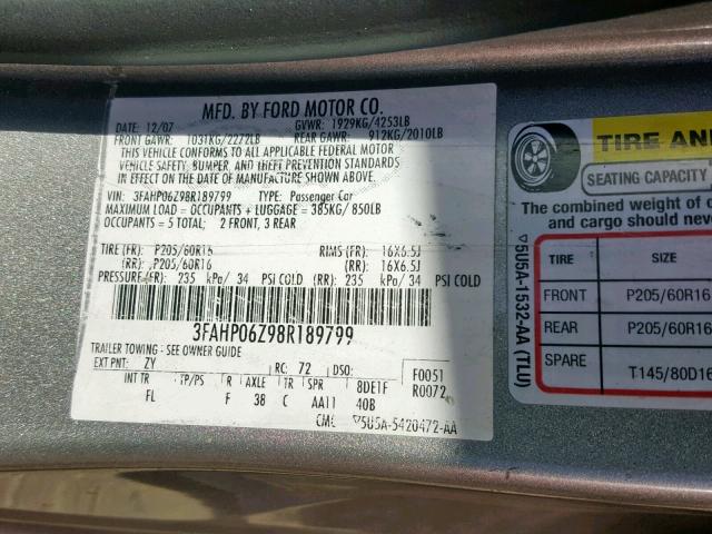 3FAHP06Z98R189799 - 2008 FORD FUSION S CHARCOAL photo 10