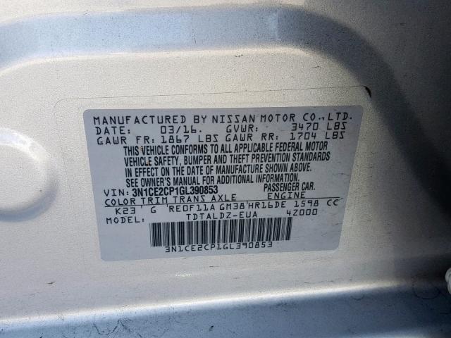 3N1CE2CP1GL390853 - 2016 NISSAN VERSA NOTE SILVER photo 10