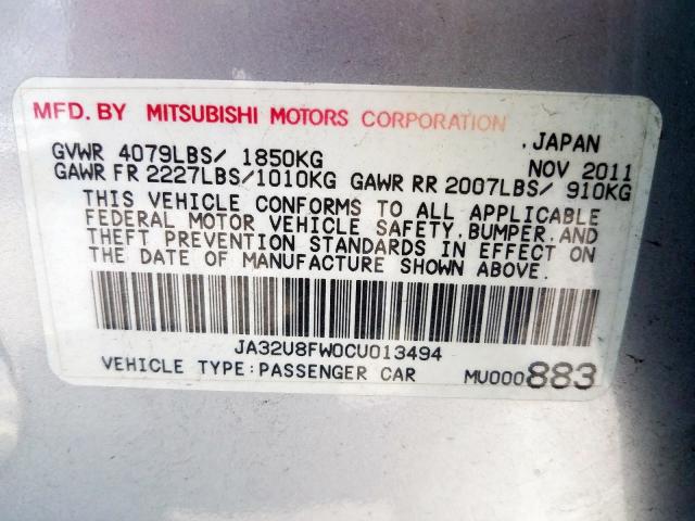 JA32U8FW0CU013494 - 2012 MITSUBISHI LANCER GT SILVER photo 10