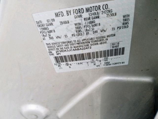 2FMDK3JC4ABA22472 - 2010 FORD EDGE SEL SILVER photo 10