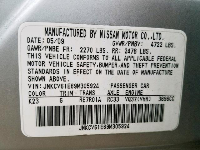 JNKCV61E69M305924 - 2009 INFINITI G37 BASE SILVER photo 10