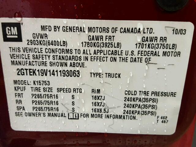 2GTEK19V141193063 - 2004 GMC NEW SIERRA BURGUNDY photo 10