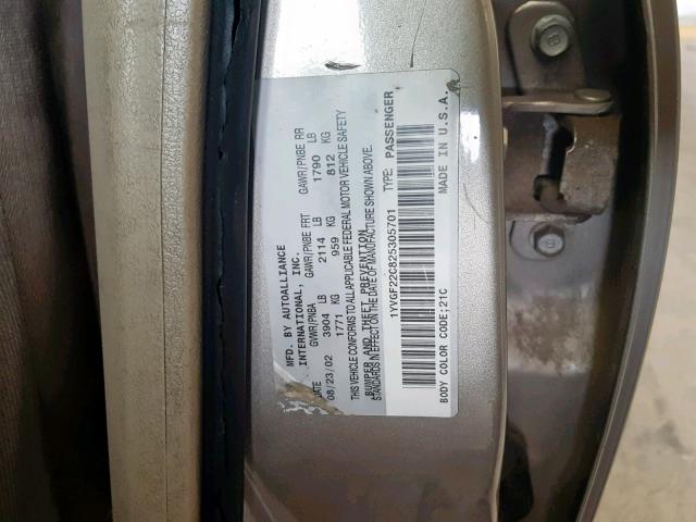 1YVGF22C825305701 - 2002 MAZDA 626 LX GOLD photo 10