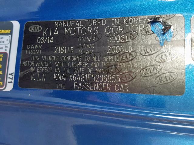 KNAFX6A81E5236855 - 2014 KIA FORTE EX BLUE photo 10