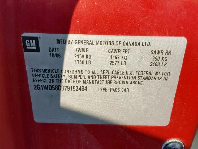2G1WD58C879193484 - 2007 CHEVROLET IMPALA SUP RED photo 10
