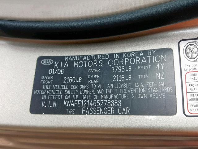 KNAFE121465278383 - 2006 KIA NEW SPECTR TAN photo 10