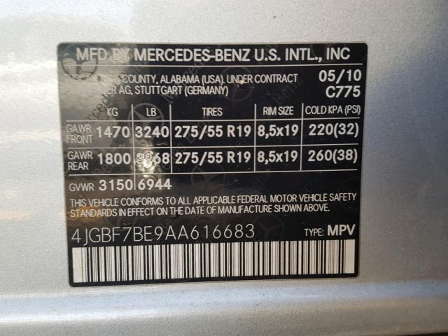 4JGBF7BE9AA616683 - 2010 MERCEDES-BENZ GL 450 4MA SILVER photo 10