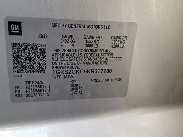 1GKS2GKC5KR317780 - 2019 GMC YUKON XL K SILVER photo 10