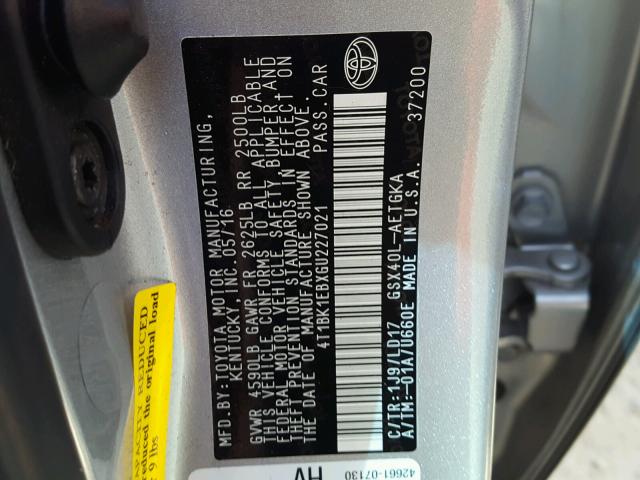 4T1BK1EBXGU227021 - 2016 TOYOTA AVALON XLE SILVER photo 10