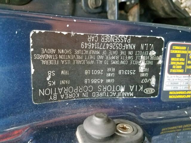 KNAFG526477114649 - 2007 KIA RONDO LX BLUE photo 10