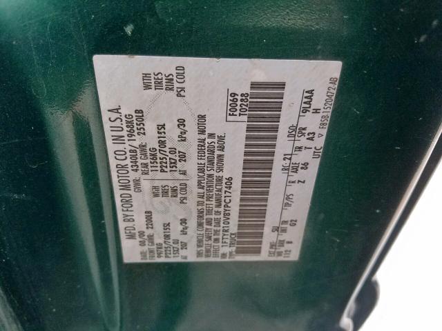 1FTYR10V8YPC17406 - 2000 FORD RANGER GREEN photo 10