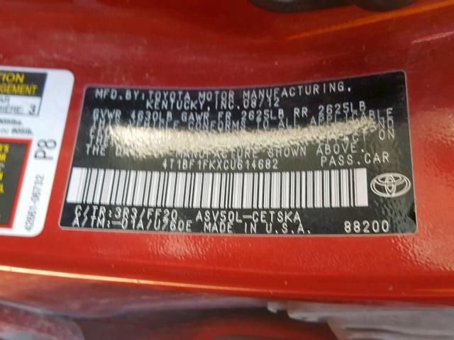 4T1BF1FKXCU614682 - 2012 TOYOTA CAMRY BASE RED photo 10