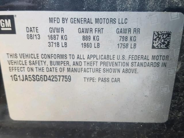 1G1JA5SG6D4257759 - 2013 CHEVROLET SONIC LS 黑色 照片 10