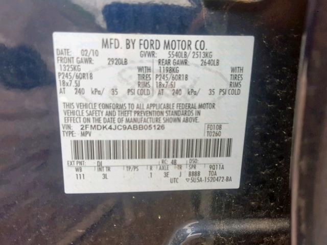 2FMDK4JC9ABB05126 - 2010 FORD EDGE SEL BLACK photo 10