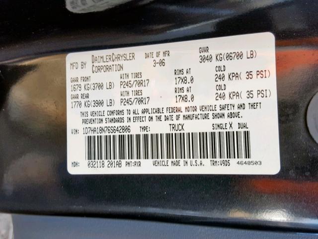 1D7HA18N76S642806 - 2006 DODGE RAM 1500 S BLACK photo 10