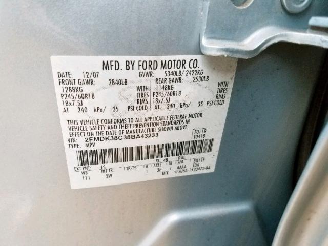 2FMDK38C38BA43233 - 2008 FORD EDGE SEL BLUE photo 10