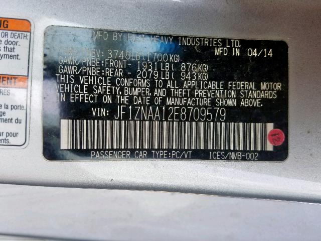 JF1ZNAA12E8709579 - 2014 TOYOTA SCION FR-S SILVER photo 10