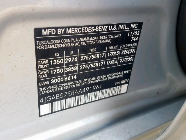 4JGAB57E84A491961 - 2004 MERCEDES-BENZ ML 350 SILVER photo 10