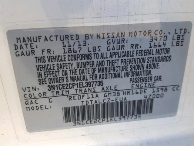 3N1CE2CP1EL397735 - 2014 NISSAN VERSA NOTE WHITE photo 10