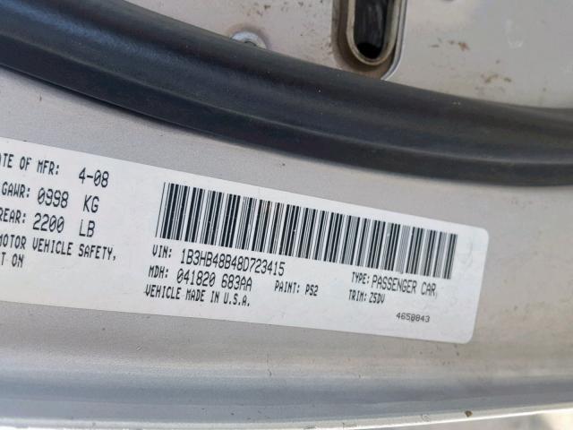 1B3HB48B48D723415 - 2008 DODGE CALIBER SX SILVER photo 10