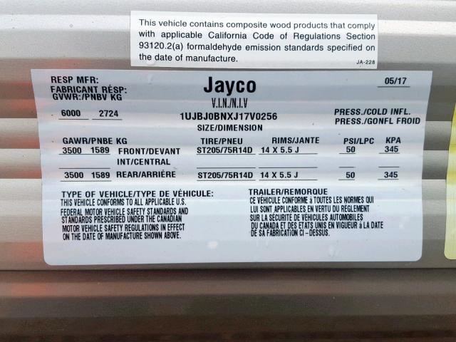 1UJBJ0BNXJ17V0256 - 2018 JAYCO JAYFLIGHT  WHITE photo 10