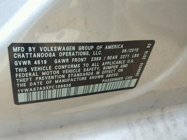 1VWAS7A3XFC109926 - 2015 VOLKSWAGEN PASSAT S SILVER photo 10