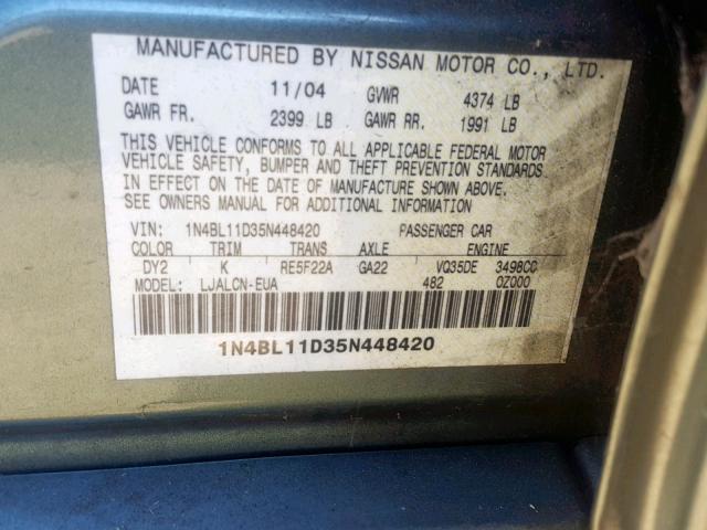 1N4BL11D35N448420 - 2005 NISSAN ALTIMA SE GRAY photo 10