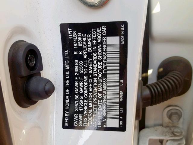 SHHFK7H47JU406881 - 2018 HONDA CIVIC SPOR WHITE photo 10