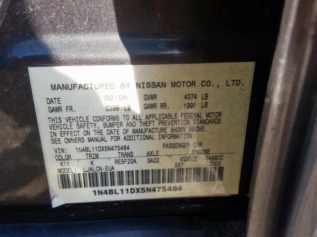 1N4BL11DX5N475484 - 2005 NISSAN ALTIMA SE GRAY photo 10