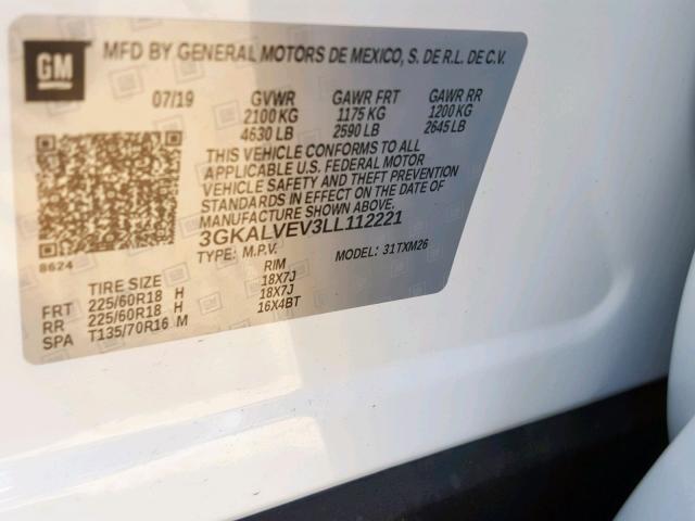 3GKALVEV3LL112221 - 2020 GMC TERRAIN WHITE photo 10