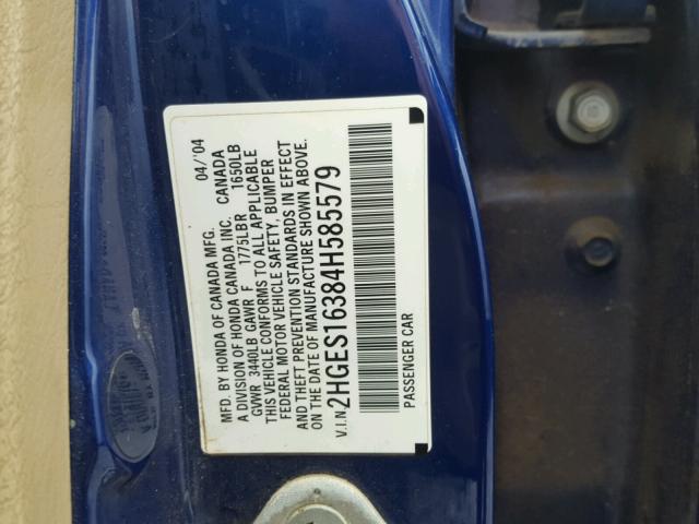 2HGES16384H585579 - 2004 HONDA CIVIC DX V BLUE photo 10