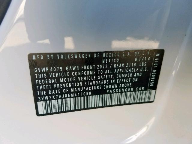 3VW2K7AJ8EM411098 - 2014 VOLKSWAGEN JETTA BASE 白色 照片 10