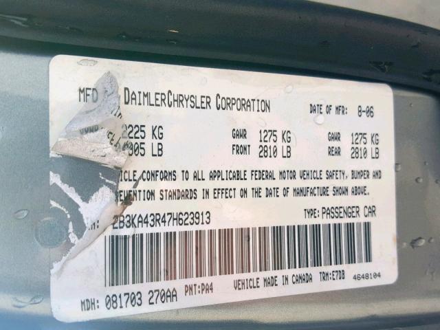 2B3KA43R47H623913 - 2007 DODGE CHARGER SE SILVER photo 10