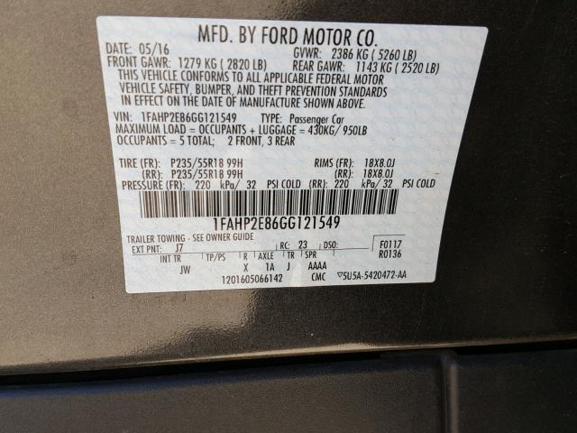 1FAHP2E86GG121549 - 2016 FORD TAURUS SEL GRAY photo 10