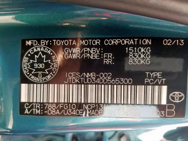 JTDKTUD34DD565300 - 2013 TOYOTA YARIS BLUE photo 10