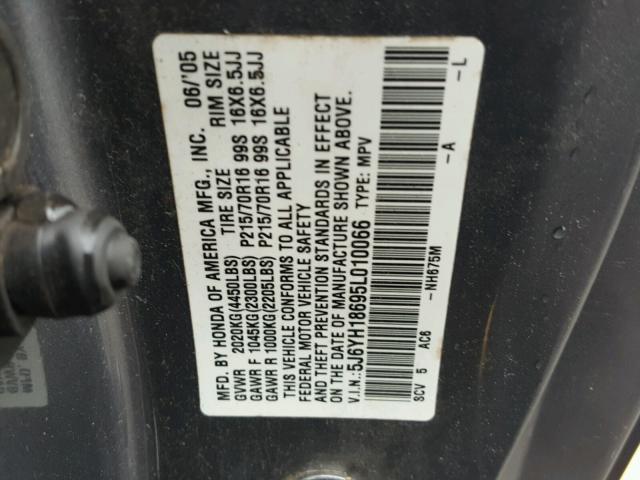 5J6YH18695L010066 - 2005 HONDA ELEMENT EX GRAY photo 10