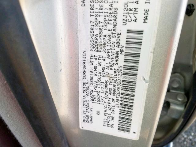 JTJBT20X630012325 - 2003 LEXUS GX 470 SILVER photo 10