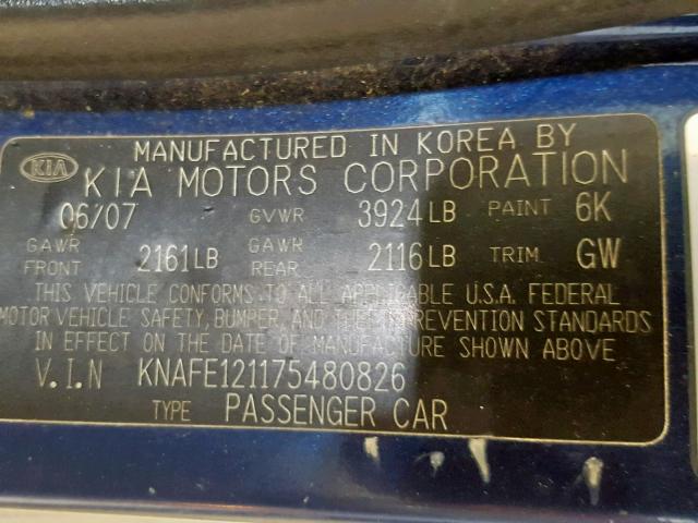 KNAFE121175480826 - 2007 KIA SPECTRA EX BLUE photo 10